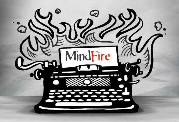 Sketched typewriter on fire with MindFire logo