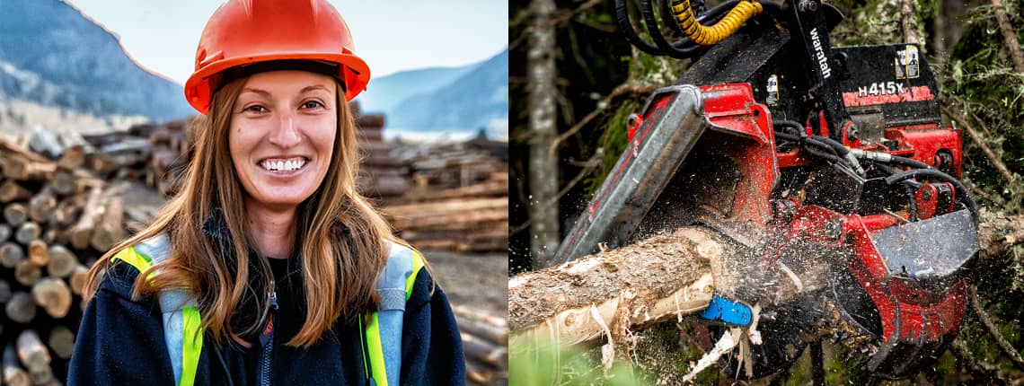 Shot of female logger with Waratah forestry head cutting wood