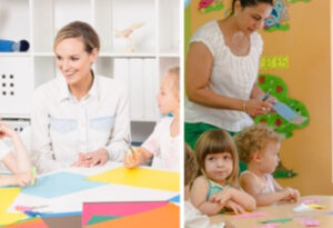 one image is super posed with a woman teaching little kids while the other looks like a more realistic view of a woman stressed with little kids