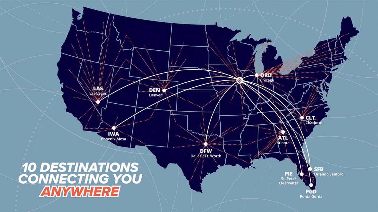 US Map depicting the destinations that can be flown from Quad Cities International Airport