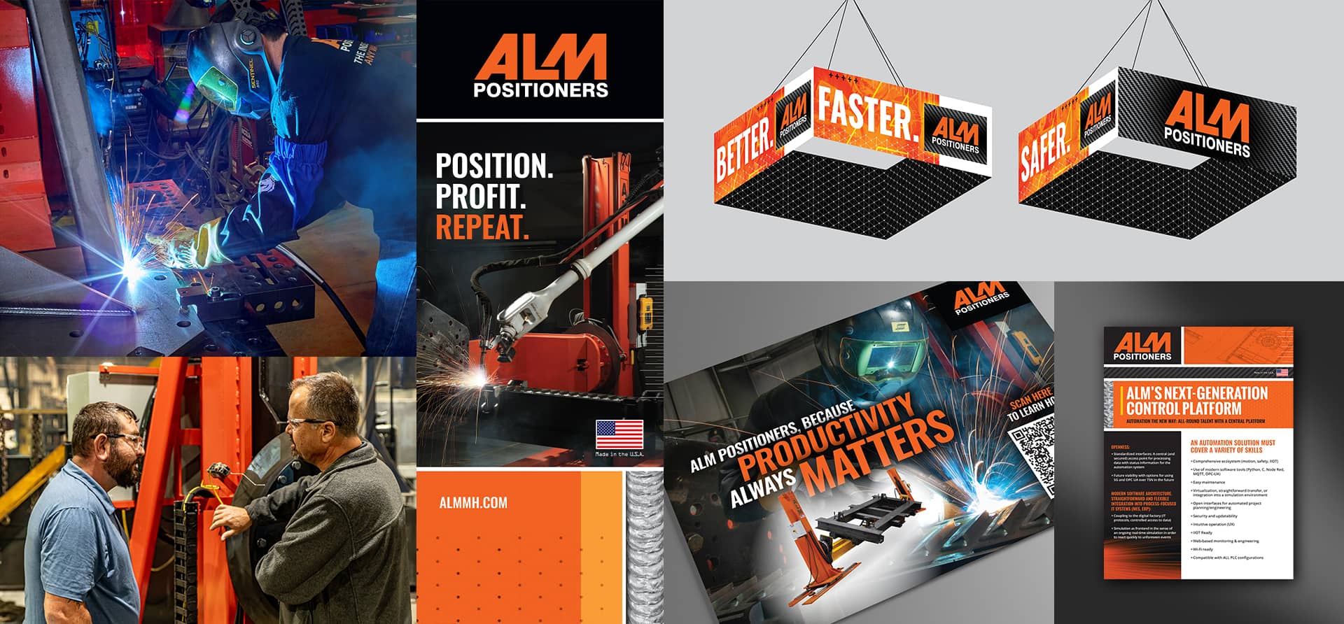 ALM Positioners collateral marketing and branding pieces, such as tradeshow displays, brochure, flyer and banners.