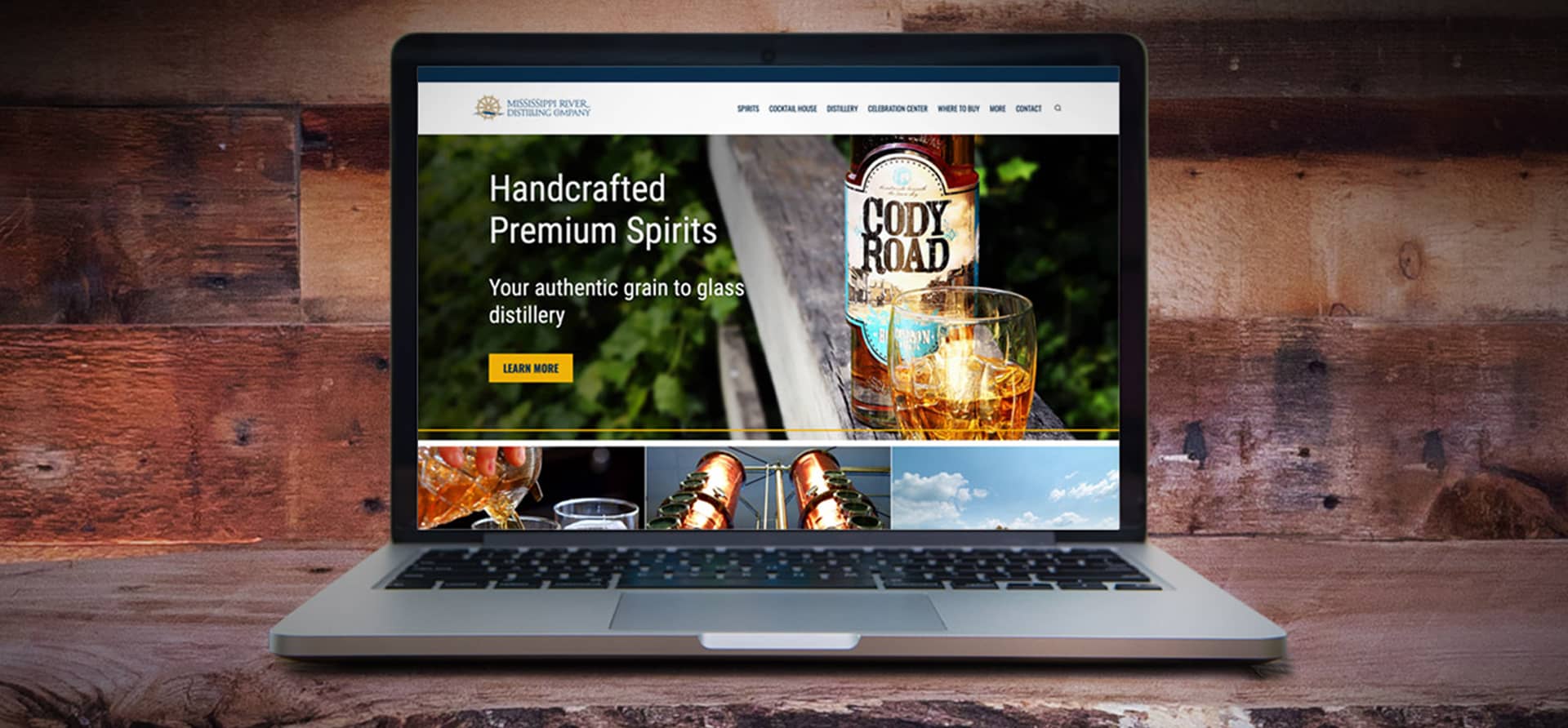 Mississippi River Distilling Co. website displayed on laptop