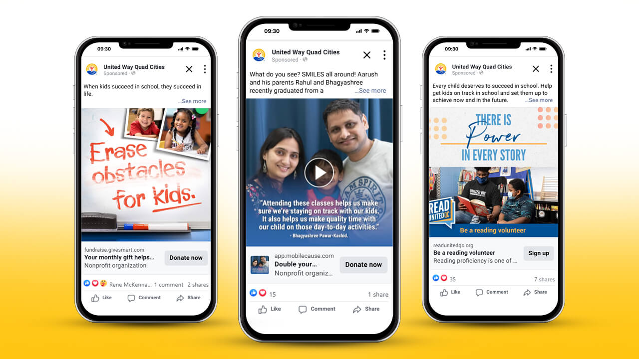 United Way of the Quad Cities paid social ads displayed on three mobile phones