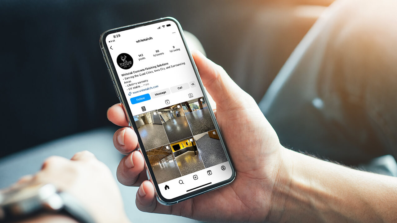 Whitetail Concrete Finishing Solutions Instagram profile displayed on a mobile phone