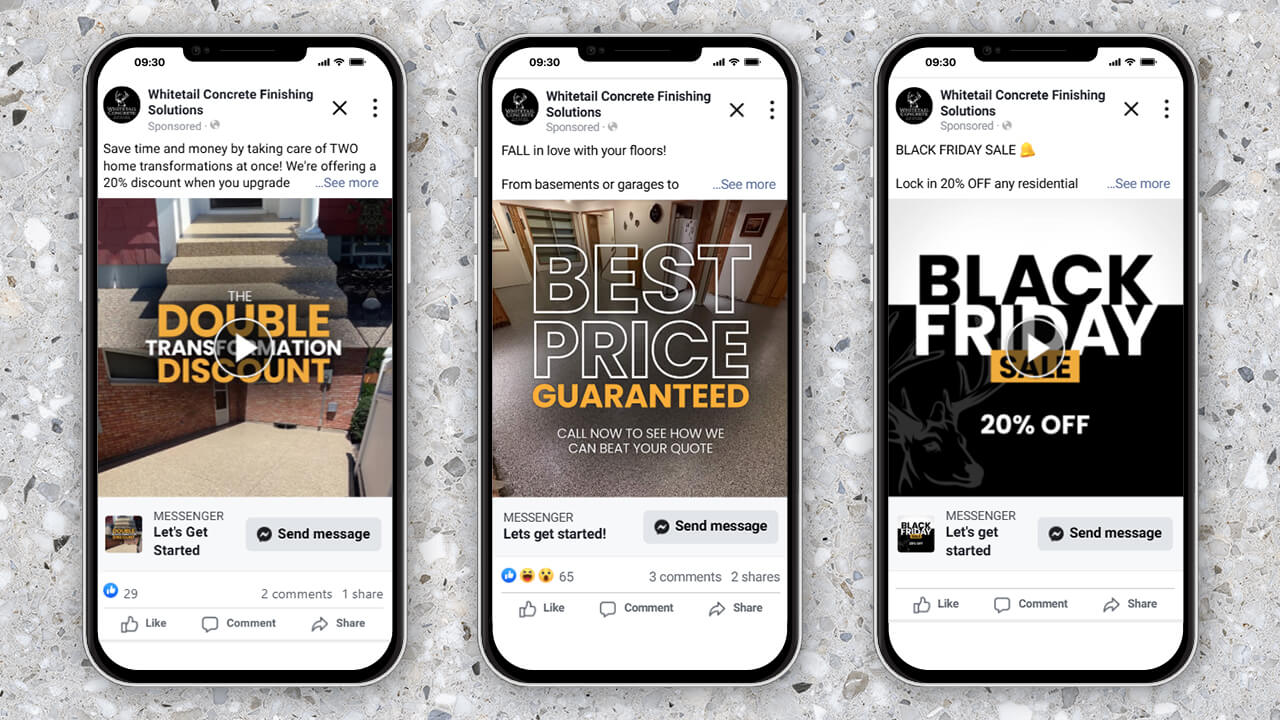 Three Whitetail Concrete Finishing Solutions paid Meta ads displayed on a mobile phone