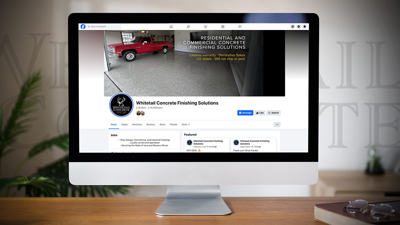 Whitetail Concrete Finishing Solutions Facebook profile displayed on a mobile phone