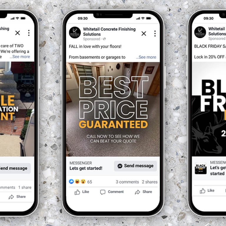 Three Whitetail Concrete Finishing Solutions paid Meta ads displayed on a mobile phone